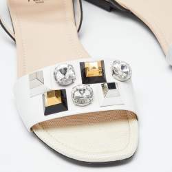 Pre Owned Fendi White/Black Lizard Embossed Leather Studded Ankle Strap Flat Sandals Size 40