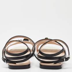 Pre Owned Fendi White/Black Lizard Embossed Leather Studded Ankle Strap Flat Sandals Size 40