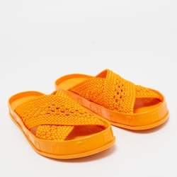 Fendi Orange Woven Fabric FF Reflection Slides Size 39