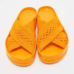 Fendi Orange Woven Fabric FF Reflection Slides Size 39