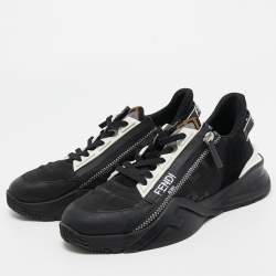 Pre Owned Fendi Black Mesh and Leather Printed Sneakers Size 38.5
