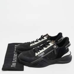 Pre Owned Fendi Black Mesh and Leather Printed Sneakers Size 38.5