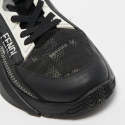 Pre Owned Fendi Black Mesh and Leather Printed Sneakers Size 38.5