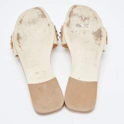 Pre Owned Fendi Beige Patent Leather Flower Embellished Flat Slides Size 38