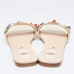 Pre Owned Fendi Beige Patent Leather Flower Embellished Flat Slides Size 38