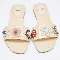 Pre Owned Fendi Beige Patent Leather Flower Embellished Flat Slides Size 38