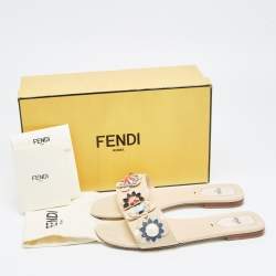 Pre Owned Fendi Beige Patent Leather Flower Embellished Flat Slides Size 38