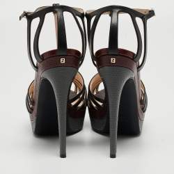 Pre Owned Fendi Tricolor Lizard Embossed Leather Strappy T Bar Sandals Size 40