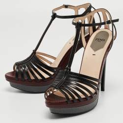 Pre Owned Fendi Tricolor Lizard Embossed Leather Strappy T Bar Sandals Size 40