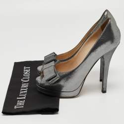 Fendi Grey Leather Bow Peep Toe Platform Pumps Size 40