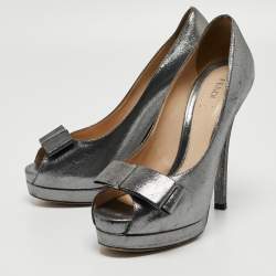 Fendi Grey Leather Bow Peep Toe Platform Pumps Size 40