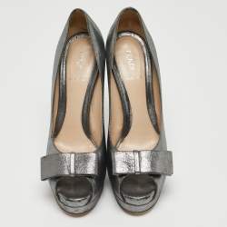 Fendi Grey Leather Bow Peep Toe Platform Pumps Size 40