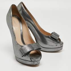 Fendi Grey Leather Bow Peep Toe Platform Pumps Size 40