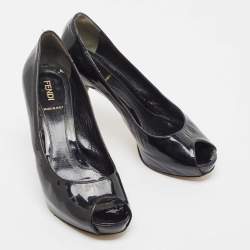 Fendi Black Patent Leather Zucca Print Heel Peep-Toe Pumps Size 36.5