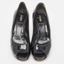 Fendi Black Patent Leather Zucca Print Heel Peep-Toe Pumps Size 36.5