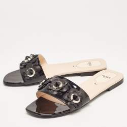 Fendi Black Patent Leather Flower Stud Flat Slides Size 38  
