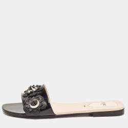 Fendi Black Patent Leather Flower Stud Flat Slides Size 38  