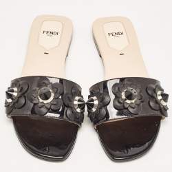 Fendi Black Patent Leather Flower Stud Flat Slides Size 38  