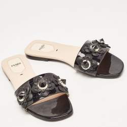 Fendi Black Patent Leather Flower Stud Flat Slides Size 38  