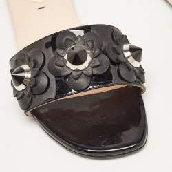 Fendi Black Patent Leather Flower Stud Flat Slides Size 38  