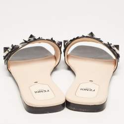 Fendi Black Patent Leather Flower Stud Flat Slides Size 38  