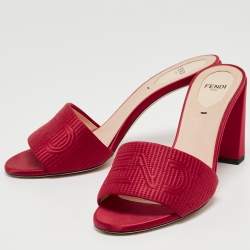 Fendi Burgundy Satin Logo Embroidered Block Heel Slide Mules Size 38.5