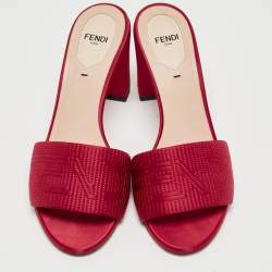 Fendi Burgundy Satin Logo Embroidered Block Heel Slide Mules Size 38.5