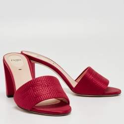 Fendi Burgundy Satin Logo Embroidered Block Heel Slide Mules Size 38.5