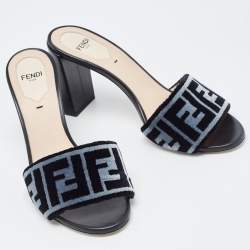 Pre Owned Fendi Black/Grey Zucca Velvet Slide Sandals Size 37.5