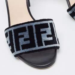 Pre Owned Fendi Black/Grey Zucca Velvet Slide Sandals Size 37.5