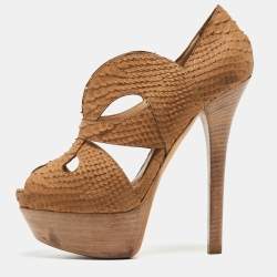 Pre Owned Fendi Brown Python Embossed Leather Peep Toe Pumps Size 36