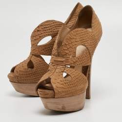 Pre Owned Fendi Brown Python Embossed Leather Peep Toe Pumps Size 36