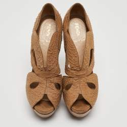 Pre Owned Fendi Brown Python Embossed Leather Peep Toe Pumps Size 36