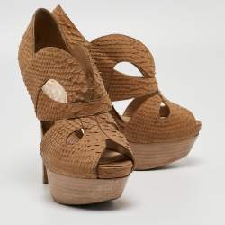 Pre Owned Fendi Brown Python Embossed Leather Peep Toe Pumps Size 36