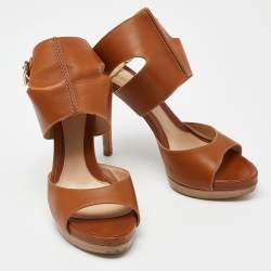 Fendi Brown Leather Ankle Strap Platform Sandals Size 38.5