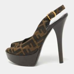 Pre Owned Fendi Brown Zucca Canvas Fendista Peep Toe Slingback Pumps Size 36