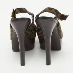 Pre Owned Fendi Brown Zucca Canvas Fendista Peep Toe Slingback Pumps Size 36