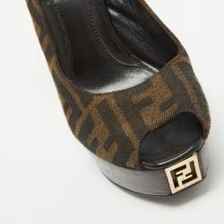 Pre Owned Fendi Brown Zucca Canvas Fendista Peep Toe Slingback Pumps Size 36