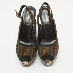 Pre Owned Fendi Brown Zucca Canvas Fendista Peep Toe Slingback Pumps Size 36
