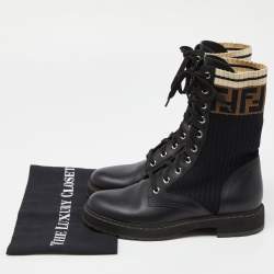 Pre Owned Fendi Black Leather and Zucca Stretch Fabric Rockoko Combat Boots Size 38