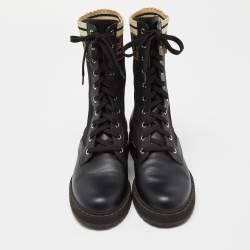 Pre Owned Fendi Black Leather and Zucca Stretch Fabric Rockoko Combat Boots Size 38