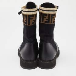 Pre Owned Fendi Black Leather and Zucca Stretch Fabric Rockoko Combat Boots Size 38