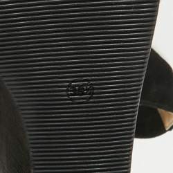 Pre Owned Fendi Black Suede Zucca Appliqued Wedge Platform Slingback Sandals Size 38.5