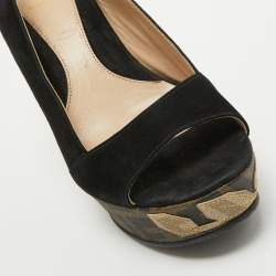 Pre Owned Fendi Black Suede Zucca Appliqued Wedge Platform Slingback Sandals Size 38.5