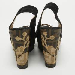 Pre Owned Fendi Black Suede Zucca Appliqued Wedge Platform Slingback Sandals Size 38.5