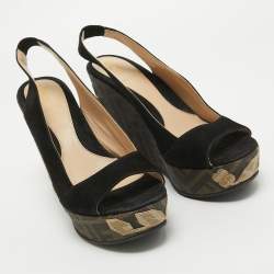 Pre Owned Fendi Black Suede Zucca Appliqued Wedge Platform Slingback Sandals Size 38.5