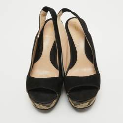 Pre Owned Fendi Black Suede Zucca Appliqued Wedge Platform Slingback Sandals Size 38.5