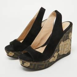 Pre Owned Fendi Black Suede Zucca Appliqued Wedge Platform Slingback Sandals Size 38.5