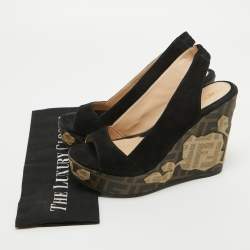 Pre Owned Fendi Black Suede Zucca Appliqued Wedge Platform Slingback Sandals Size 38.5
