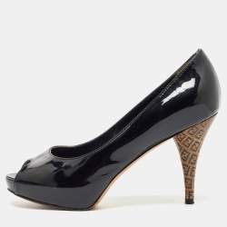 Fendi Black Patent Leather FF Heels Peep Toe Platform Pumps Size 35.5
